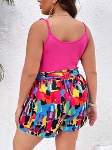 SHEIN VCAY Plus Solid Cami Top & Brush Print Shorts - Hot Pink - View 2