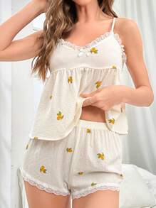 水果印花蕾丝边吊带上衣和短裤睡衣套装/睡衣套装 - 白色 - 查看 1