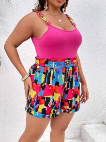 SHEIN VCAY Plus Solid Cami Top & Brush Print Shorts - Hot Pink - View 4