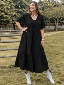 Rusttydustty Hơn Chèn ren Guipure Xù Hoa Sen Váy Smock - màu đen - Xem 5