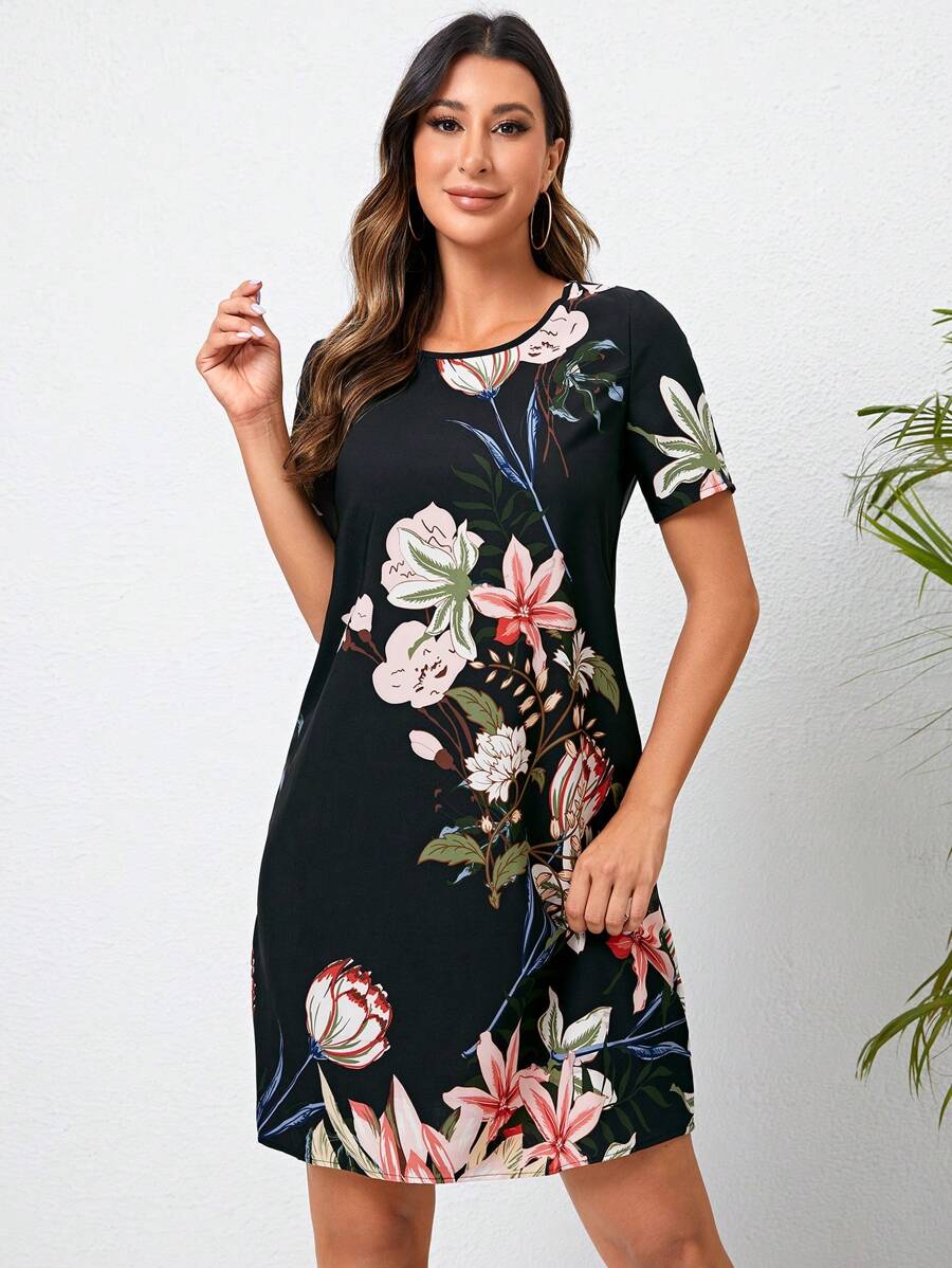 EMERY ROSE 印花直筒連衣裙 - 黑色 - 查看 1