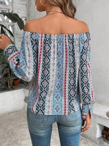 SHEIN VCAY 滿版印花一字肩前紐扣襯衫