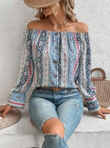 SHEIN VCAY 滿版印花一字肩前紐扣襯衫