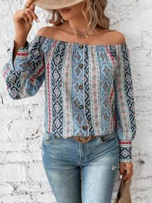 SHEIN VCAY 滿版印花一字肩前紐扣襯衫