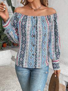 SHEIN VCAY 滿版印花一字肩前紐扣襯衫