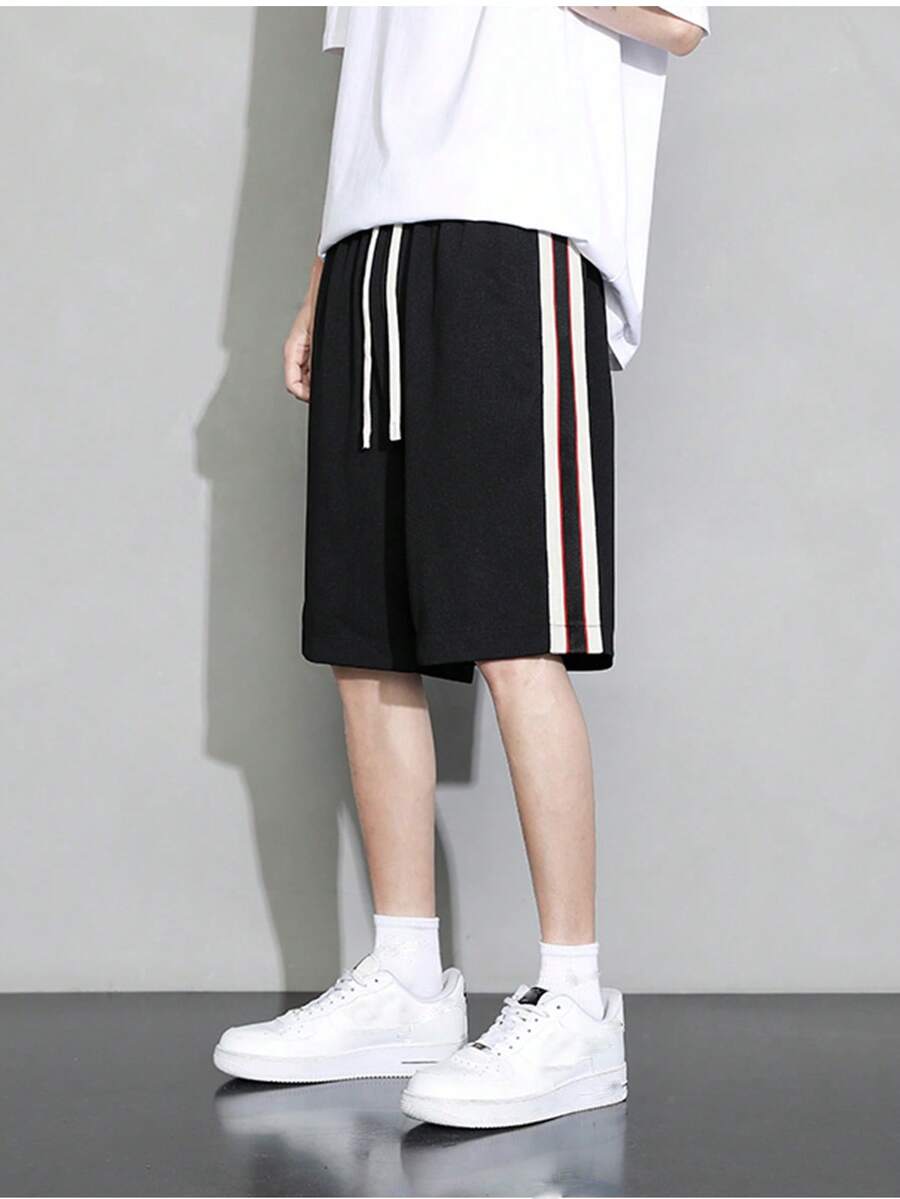Hombres Shorts con cinta en contraste de cintura con cordón - Negro - Ver 1