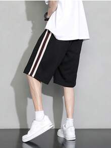 Hombres Shorts con cinta en contraste de cintura con cordón - Negro - Ver 2