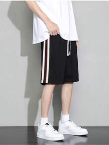 Hombres Shorts con cinta en contraste de cintura con cordón - Negro - Ver 3