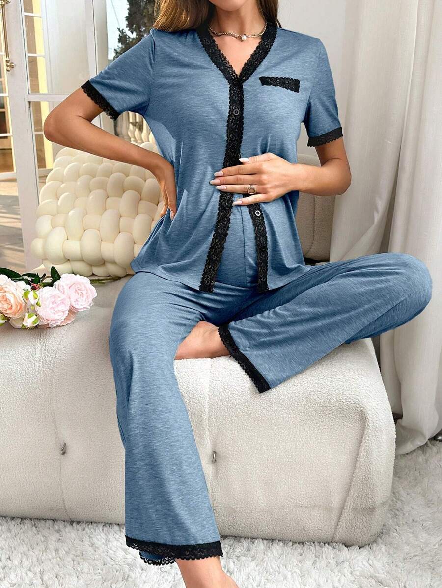 Moonlight&Mama Maternity Contrast Lace Trim Button Front Tee & Adjustable Elastic Waist Pants Lounge Set For Mother - Grey - View 1