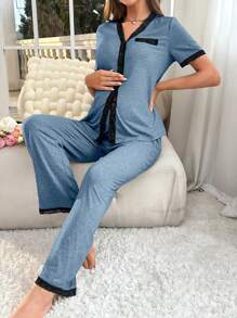 Moonlight&Mama Maternity Contrast Lace Trim Button Front Tee & Adjustable Elastic Waist Pants Lounge Set For Mother - Grey - View 3