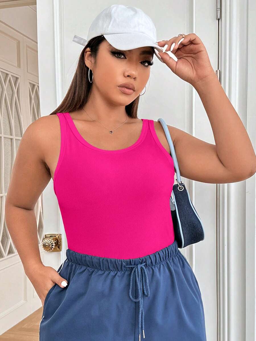 SHEIN EZwear Plus Solid Tank Top - Hot Pink - View 1