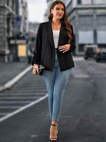 SHEIN Clasi Plus Shawl Collar Ruched Sleeve Blazer - Black - View 4