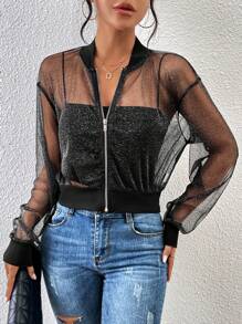 SHEIN Essnce Drop Shoulder Zip Up Mesh Bomber Jacket In Fall/Winter - Black - View 4