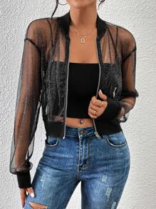 SHEIN Essnce Drop Shoulder Zip Up Mesh Bomber Jacket In Fall/Winter - Black - View 1