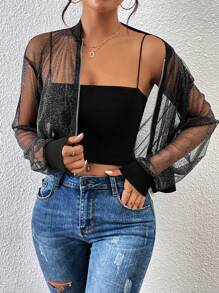 SHEIN Essnce Drop Shoulder Zip Up Mesh Bomber Jacket In Fall/Winter - Black - View 6