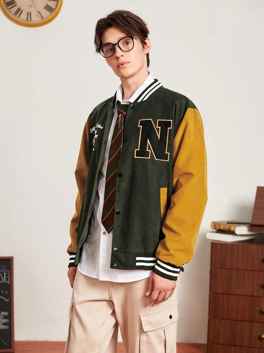 Aesthetic Post--Loose Fit Men's Letter Print Varsity Jacket - Army Green - View 1