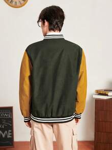 Aesthetic Post--Loose Fit Men's Letter Print Varsity Jacket - Army Green - View 2