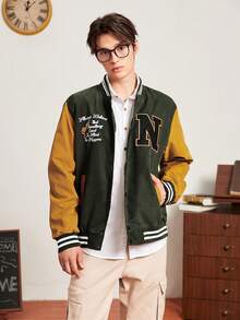 Aesthetic Post--Loose Fit Men's Letter Print Varsity Jacket - Army Green - View 3