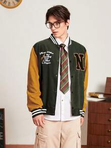Aesthetic Post--Loose Fit Men's Letter Print Varsity Jacket - Army Green - View 4