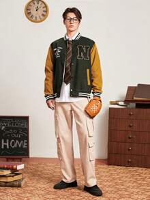 Aesthetic Post--Loose Fit Men's Letter Print Varsity Jacket - Army Green - View 5