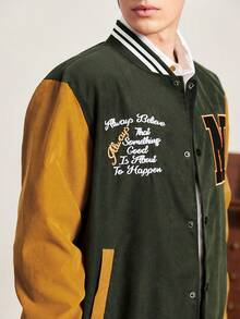 Aesthetic Post--Loose Fit Men's Letter Print Varsity Jacket - Army Green - View 6