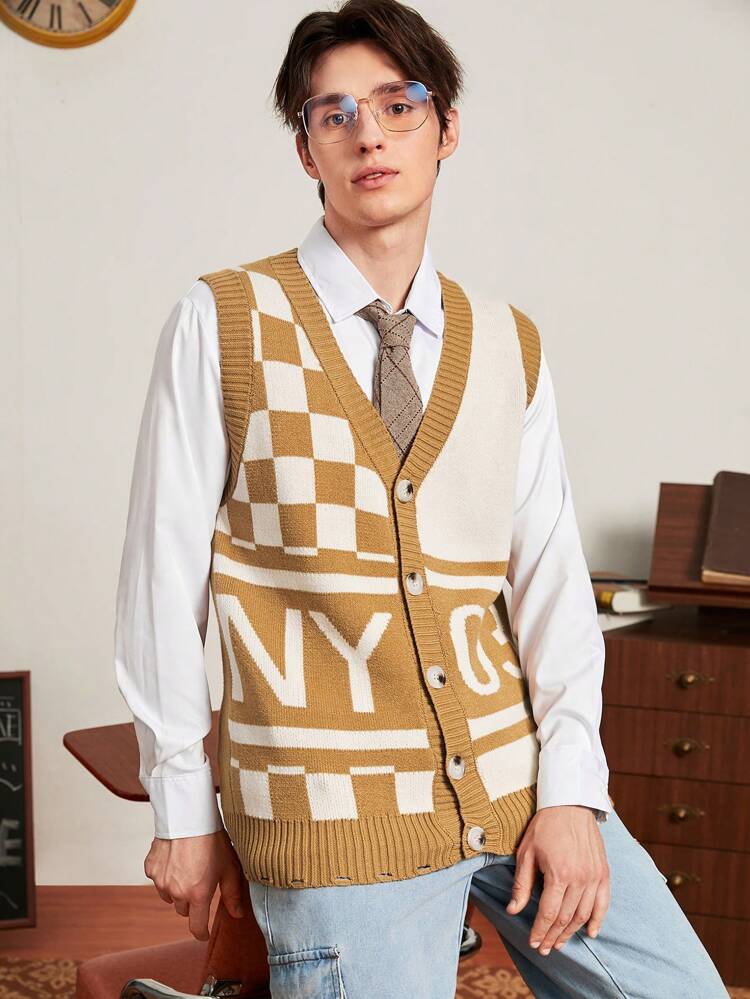 Men Letter & Plaid Pattern Sweater Vest