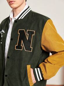 Aesthetic Post--Loose Fit Men's Letter Print Varsity Jacket - Army Green - View 7