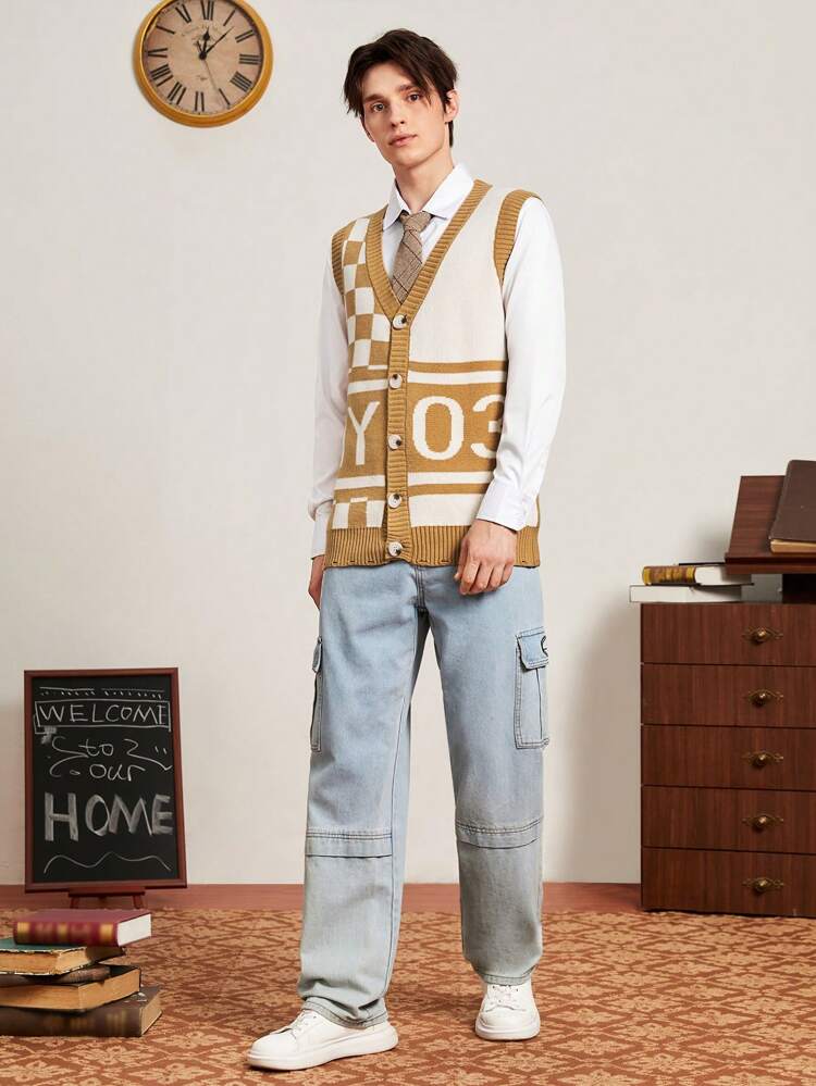 Men Letter & Plaid Pattern Sweater Vest