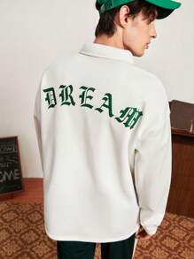 Aesthetic Post--Men's Oversized Letter Print Drop Shoulder Polo Shirt - White - View 2