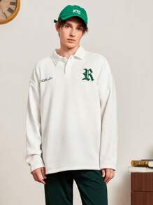 Aesthetic Post--Men's Oversized Letter Print Drop Shoulder Polo Shirt - White - View 3
