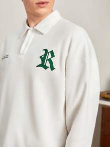 Aesthetic Post--Men's Oversized Letter Print Drop Shoulder Polo Shirt - White - View 5