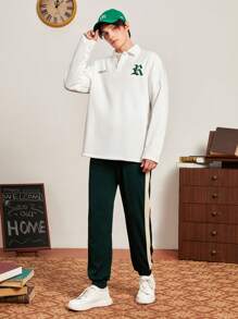 Aesthetic Post--Men's Oversized Letter Print Drop Shoulder Polo Shirt - White - View 7