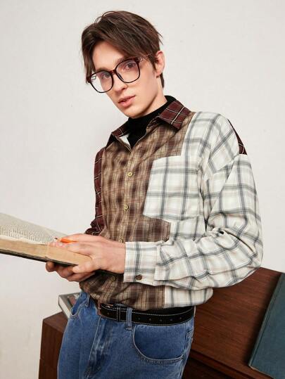 Manfinity Campus Court Aesthetic Post--Oversized Men's Colorblock Plaid Print Drop Shoulder Shirt