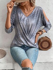 SHEIN Clasi In hoa Báo Vai lạnh Viền xoay tròn Áo thun - Xám - Xem 4