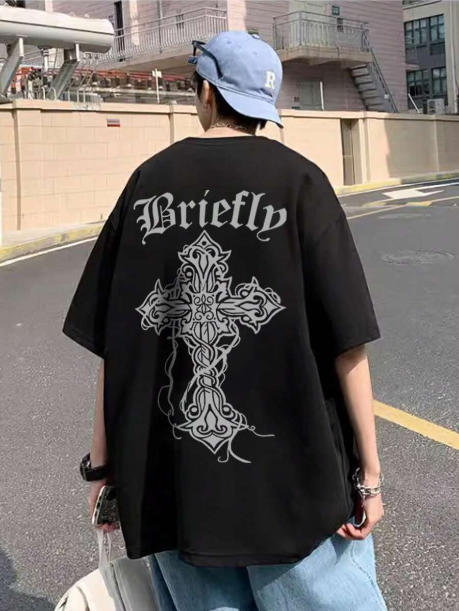 男士字母圖案落肩T恤 - 黑色 - 查看 1