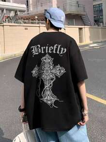 男士字母圖案落肩T恤 - 黑色 - 查看 2