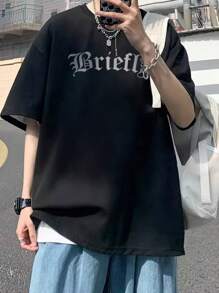 男士字母圖案落肩T恤 - 黑色 - 查看 3