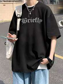 男士字母圖案落肩T恤 - 黑色 - 查看 4