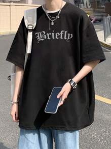 男士字母圖案落肩T恤 - 黑色 - 查看 5