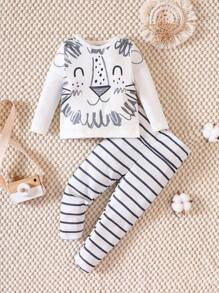 Bé trai Đồ họa Hoạt hình Áo thun & Sọc Quần Vừa Khít Bộ PJ - Màu Xám nhạt - Xem 1