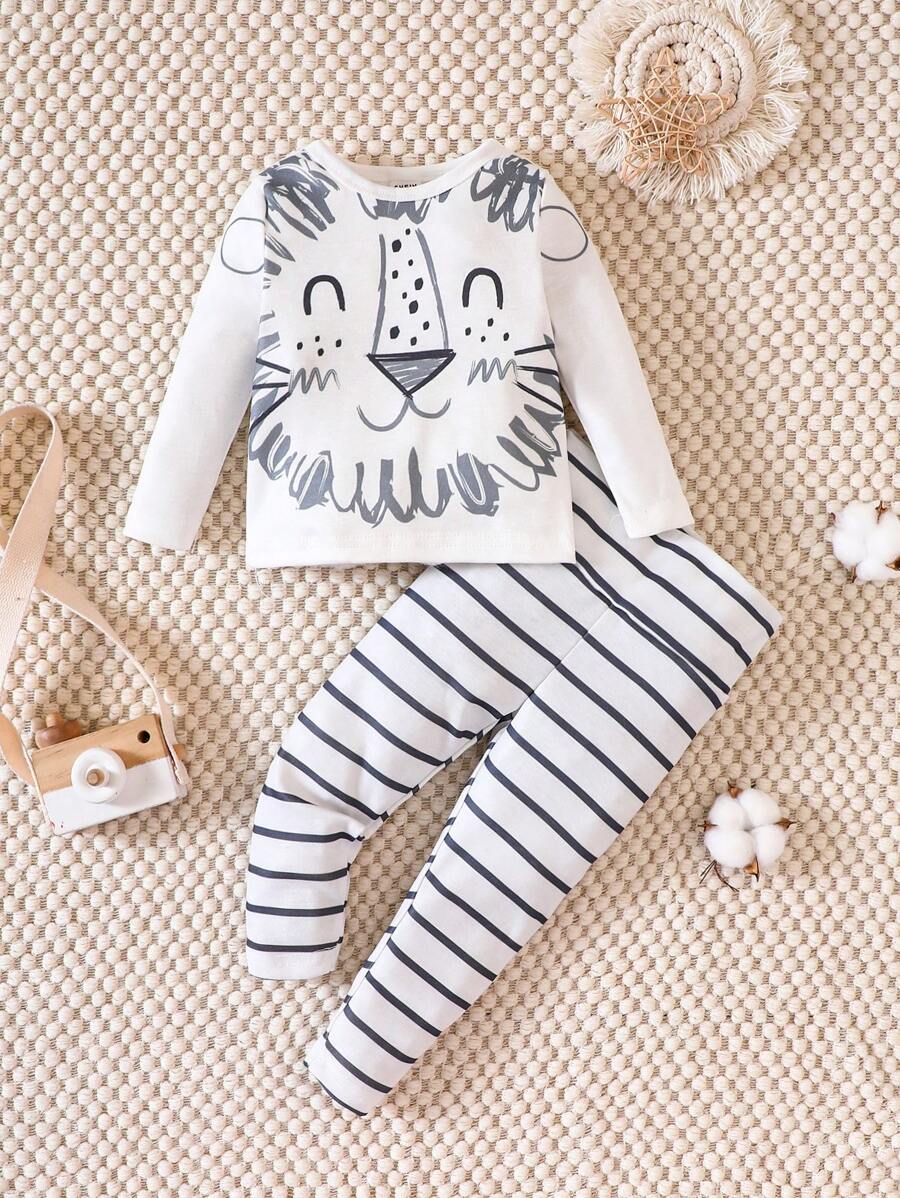 Bé trai Đồ họa Hoạt hình Áo thun & Sọc Quần Vừa Khít Bộ PJ - Màu Xám nhạt - Xem 1