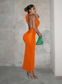 SHEIN SXY Solid Backless Halter Bodycon Dress - Orange - View 4