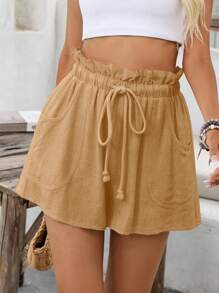 SHEIN VCAY Paperbag Waist Knot Front Wide Leg Shorts - Khaki - View 1