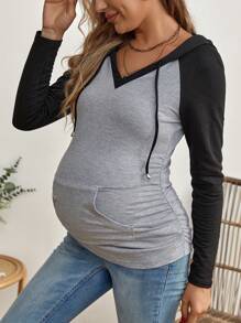 SHEIN Áo nỉ bầu phối màu, có túi kangaroo và dây rút, thích hợp cho mùa đông. - Nhiều màu - Xem 5