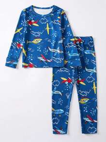 Chàng trai trẻ Máy bay In Áo thun & quần Vừa Khít Bộ PJ - Màu xanh lam - Xem 1