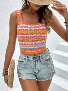 SHEIN VCAY 鋸齒圖案網眼針織上衣 - 橘色 - 查看 1