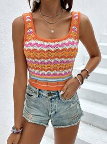 SHEIN VCAY 鋸齒圖案網眼針織上衣 - 橘色 - 查看 5