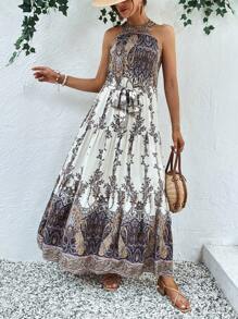 SHEIN VCAY Paisley Print Ruffle Hem Belted Halter Dress - Apricot - View 5