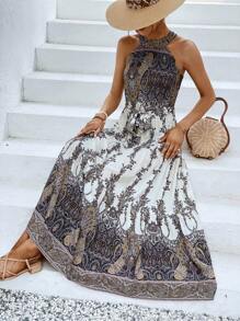 SHEIN VCAY Paisley Print Ruffle Hem Belted Halter Dress - Apricot - View 4