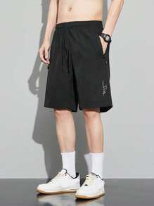 Men Graphic Print Drawstring Waist Shorts - Black - View 1